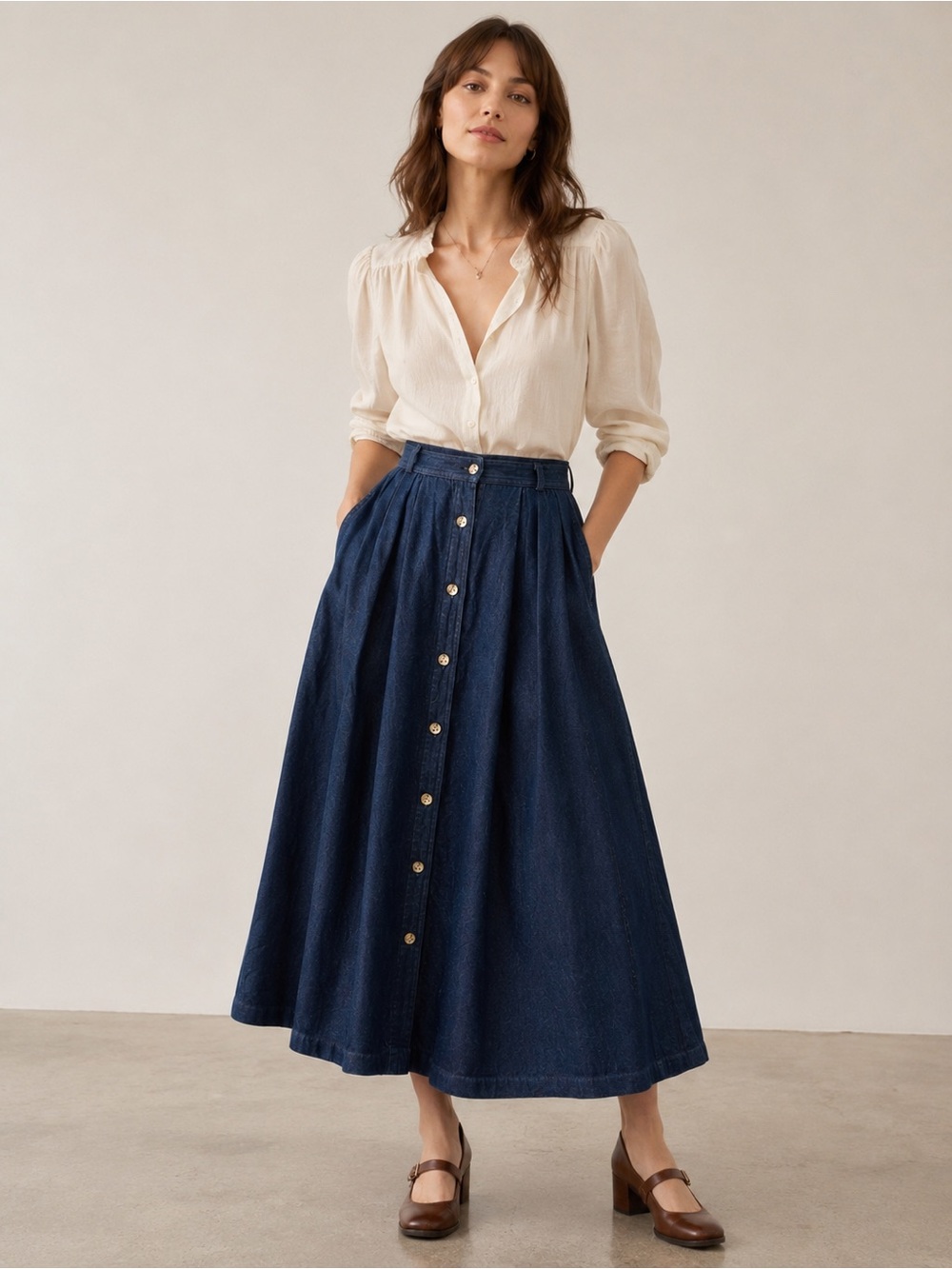 Vintage JH Collectibles Dark Blue Denim Pleated Prairie Maxi Skirt Pockets 8